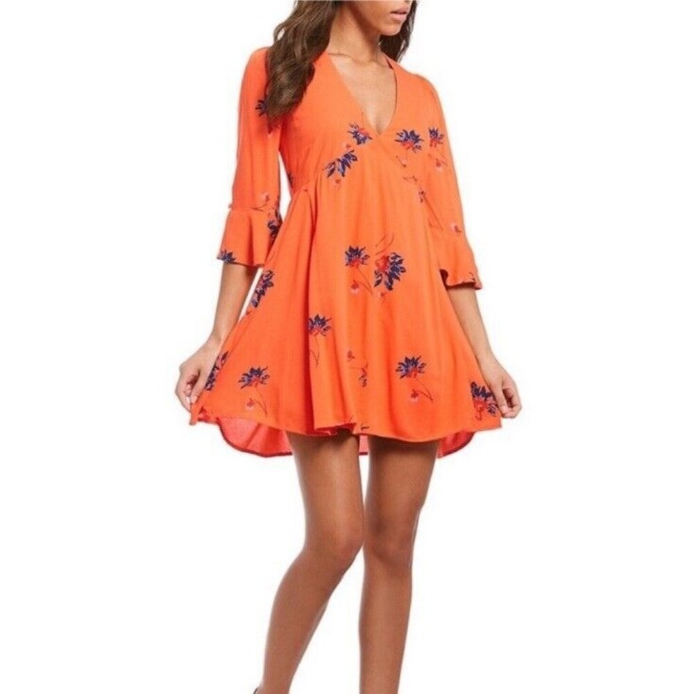 Free People S Mini Dress Surplice Wrap Floral Boho Hippie Peasant Orange Bell